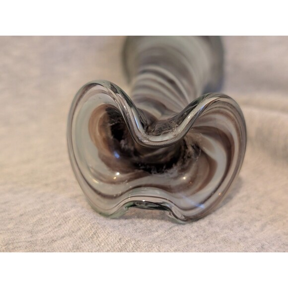 Vintage 1970s Hand Blown Swirl Ribbon Glass Vase Brown White 6.5" t x 2.5" dia - Picture 7 of 9